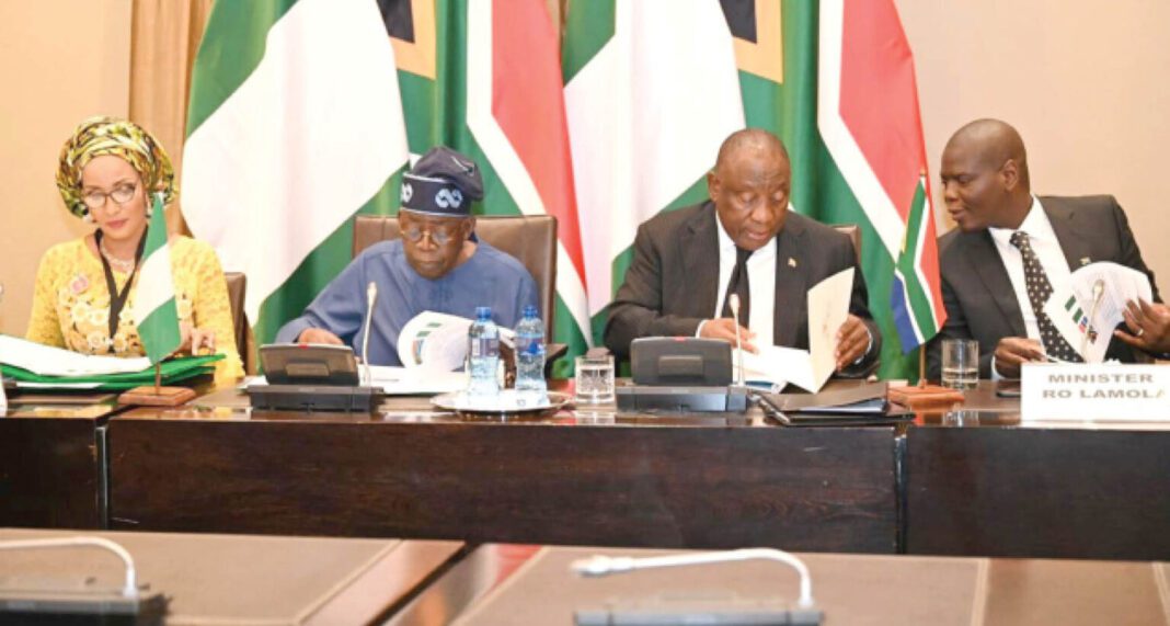 From left: Minister of State for Foreign Affairs, Ambassador Bianca Odumegwu Ojukwu; President Bola Ahmed Tinubu; South African President, Cyril Ramaphosa and South African Minister of International Relations and Cooperation, Ronald Lamola, during the signing of the communique from the 11th session of the Nigeria-South Africa Bi-National Commission in Tuynhuys, Cape Town, South Africa, yesterda